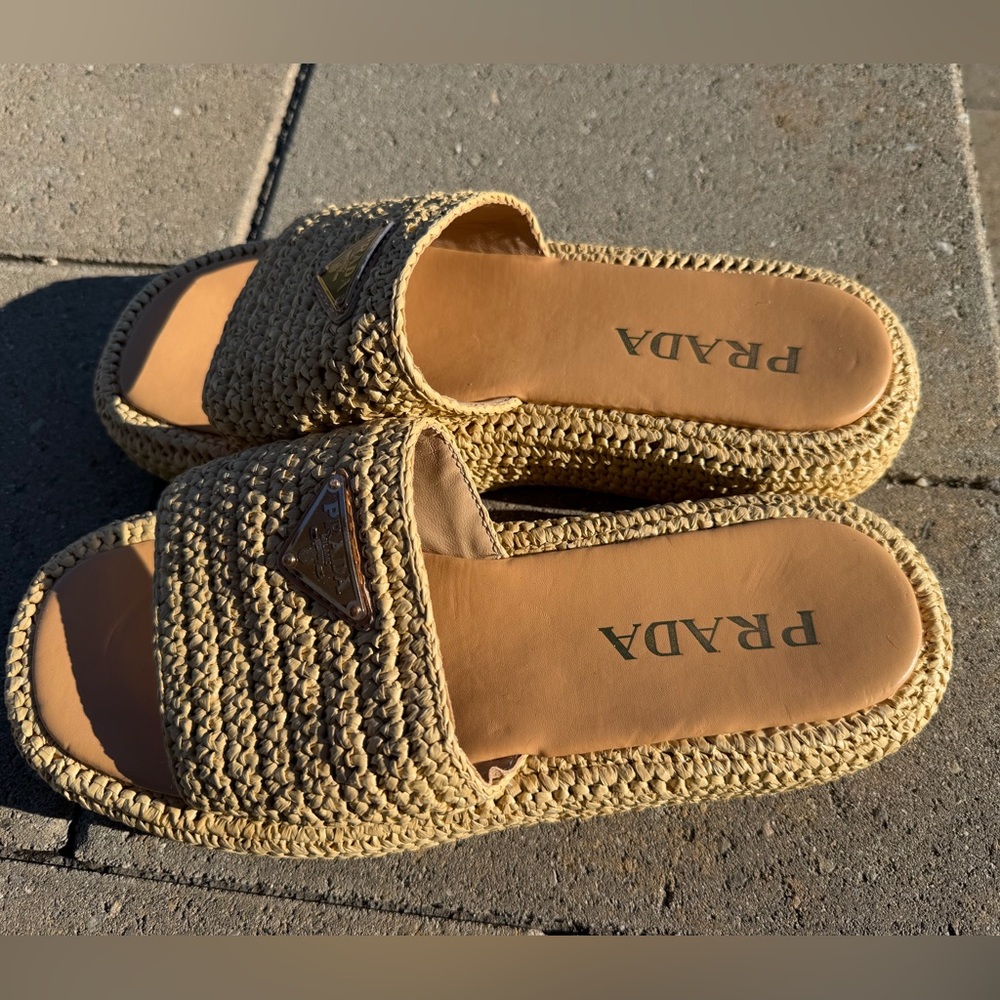 Prada Tan Woven Platform Slide Sandals - Picture 3 of 9
